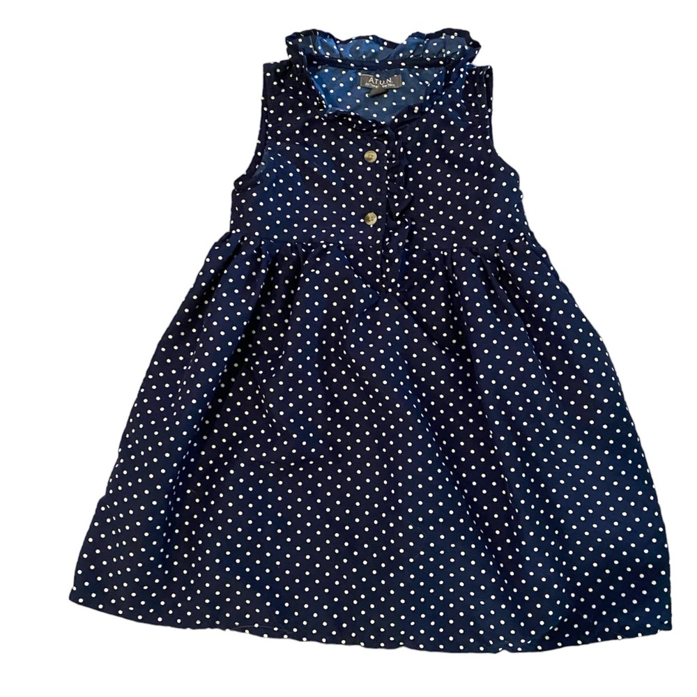 Girls navy and white polka dot empire waist sleeveless dress